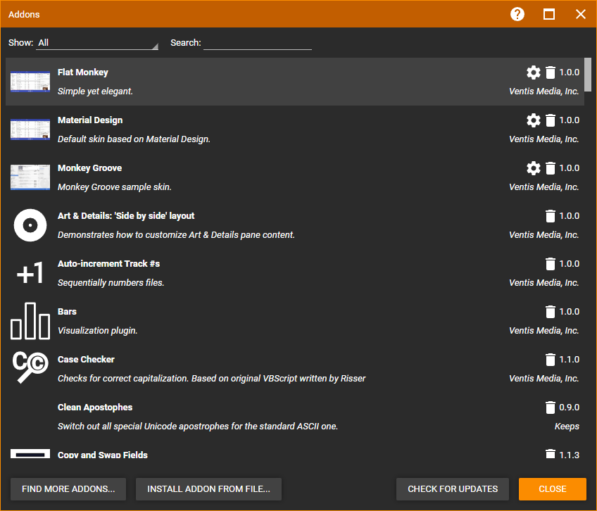 MediaMonkey Addons window