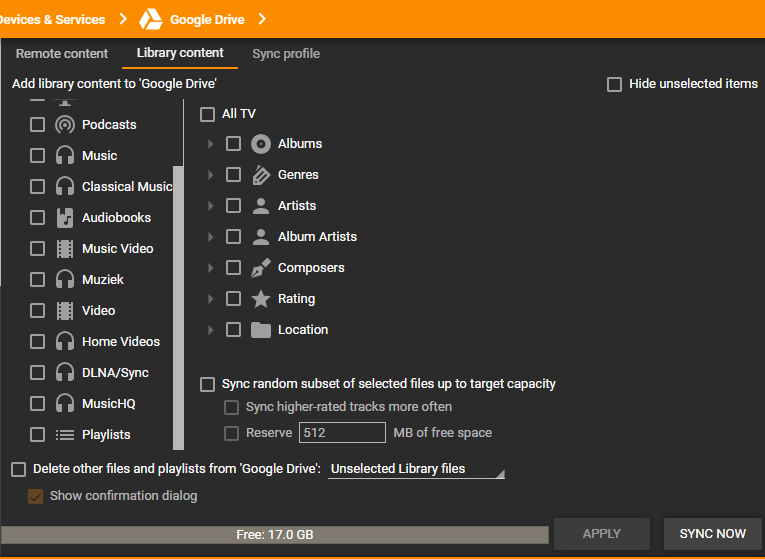 MediaMonkey Devices & Services Library Content settings