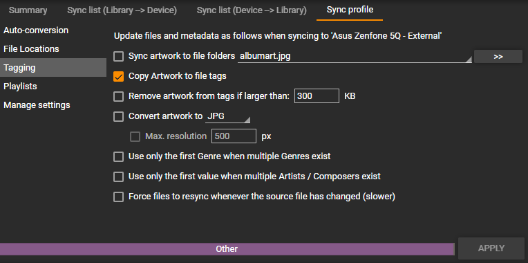 MediaMonkey Device Profile Sync Profile Tagging settings