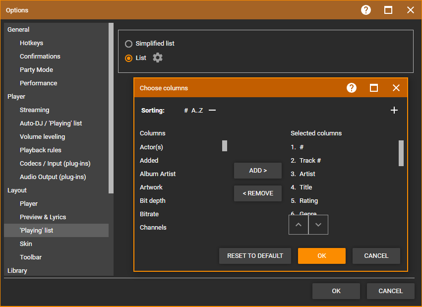 MediaMonkey Options 'Playing' List