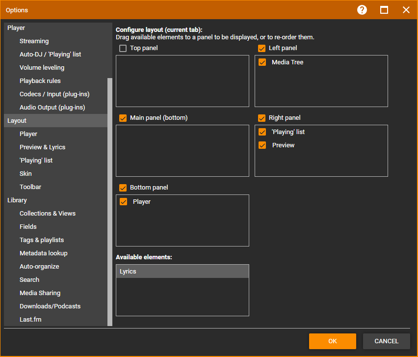 MediaMonkey Options Layout