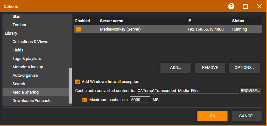 MediaMonkey Media Sharing settings