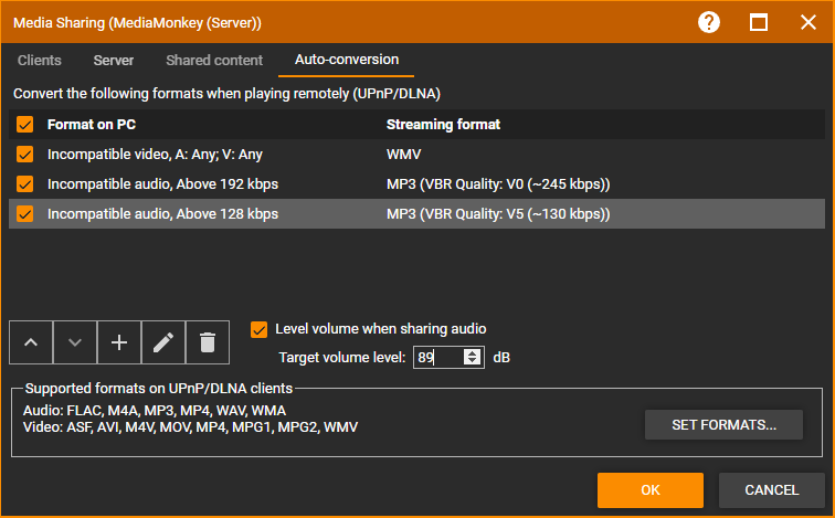 MediaMonkey Options Media Sharing Auto-Conversion settings