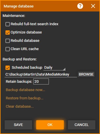Manage Database dialog