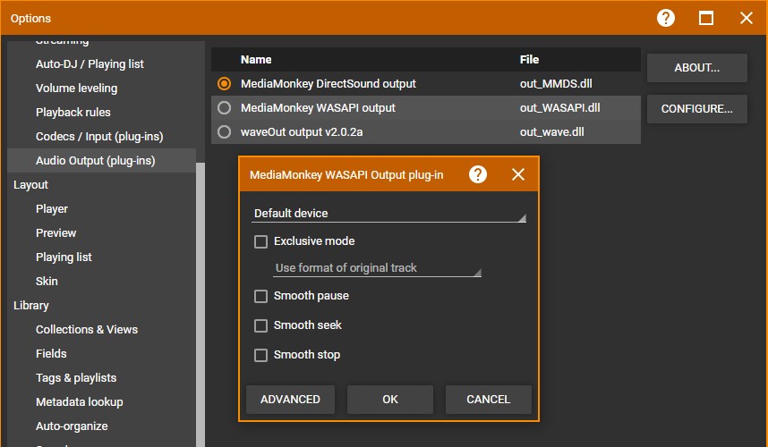MediaMonkey Options Audio Output (plug-ins)