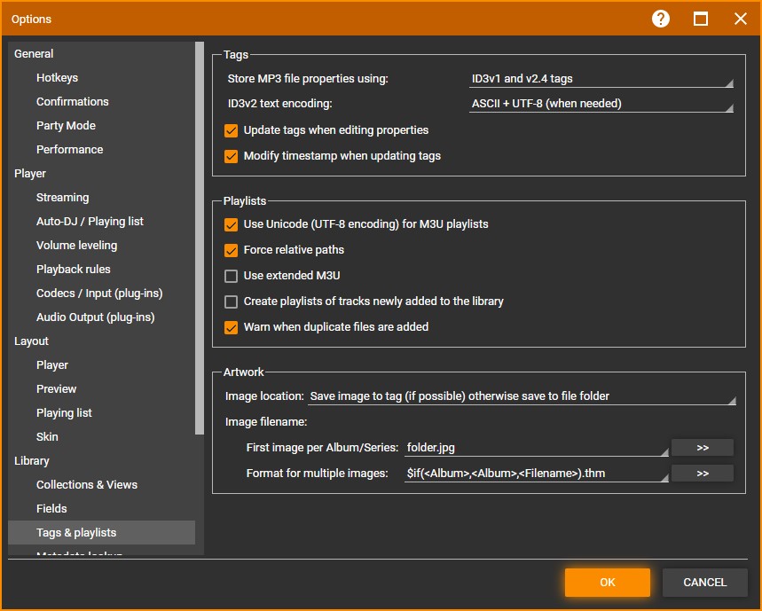 MediaMonkey Options Tags & Playlists