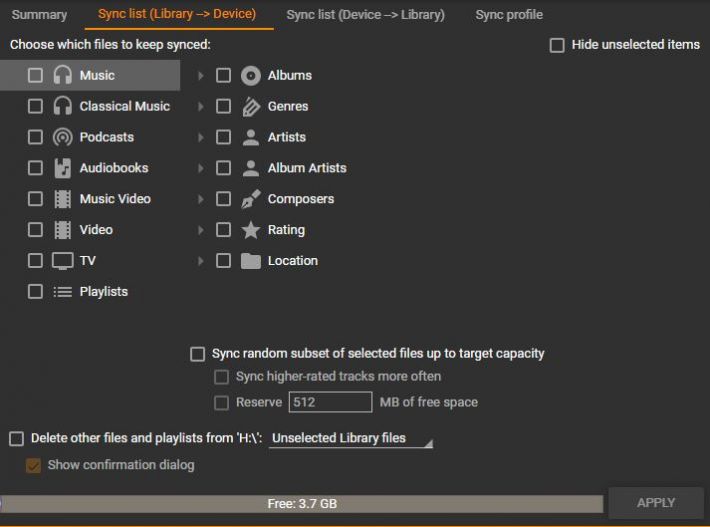 MediaMonkey Device Profile Sync List to Device tab